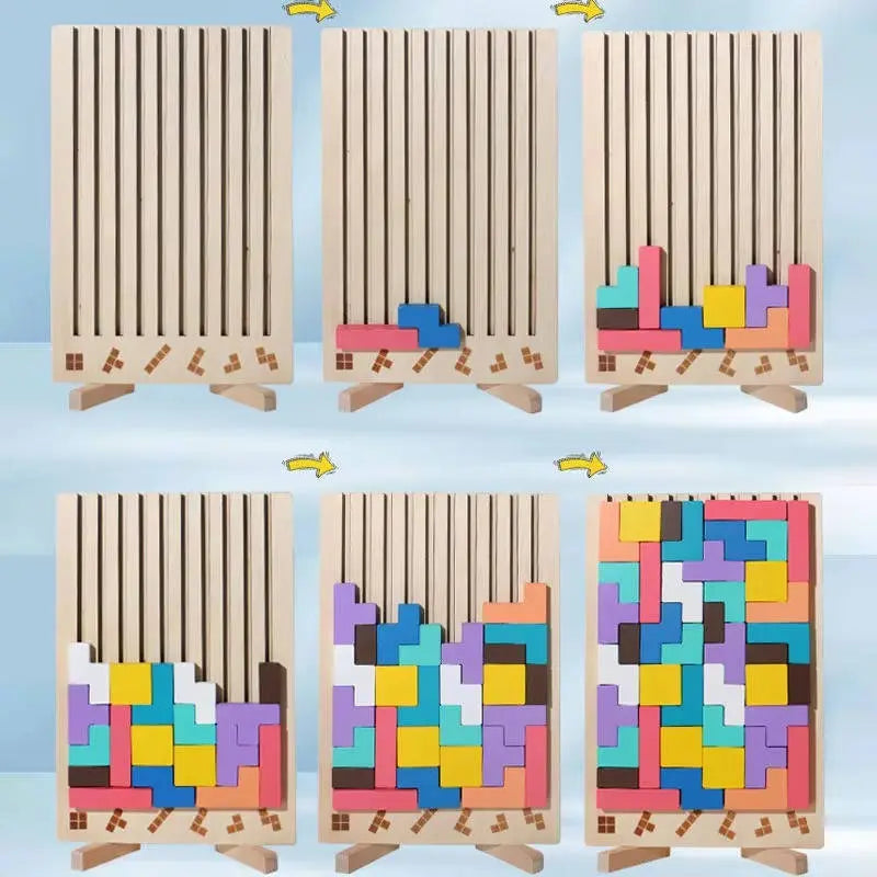 Wooden Shape Puzzle Set with 42 Blocks and 10 Double-Sided Cards, Foldout Stand Veldora
