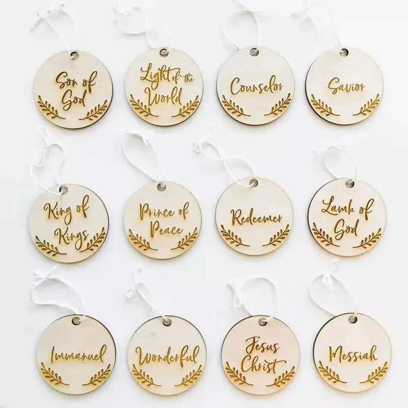 Advent Ornament Set with Wooden Name Ornaments and Hanging Cords, Engraved or Scored Veldora
