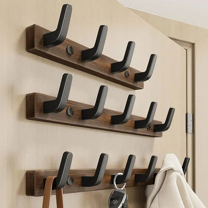 Wall-Mounted Coat Rack with Solid Wood Base and Metal Hooks, Matte Black Veldora