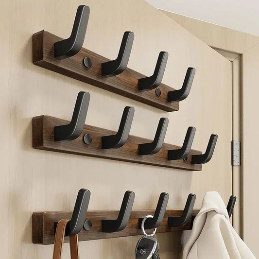 Wall-Mounted Coat Rack with Solid Wood Base and Metal Hooks, Matte Black Veldora