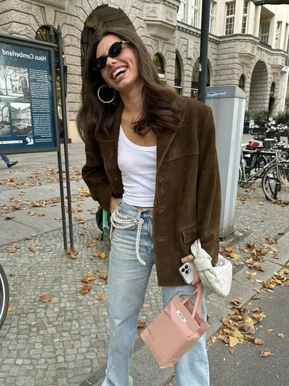 Women's Suede-Like Jacket with Hidden Front Pockets and Tailored Fit, Lightweight Lining Veldora