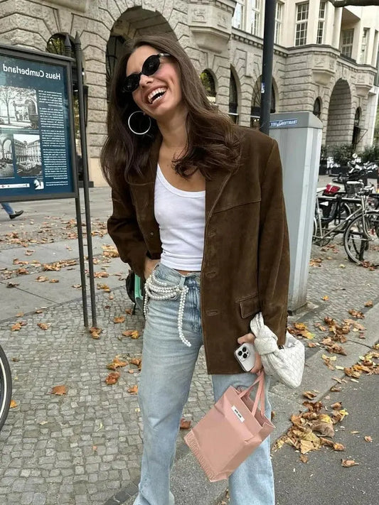 Women's Suede-Like Jacket with Tailored Fit and Front Pockets, Long Sleeves, Brown Veldora