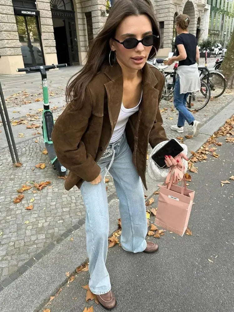 Women's Suede-Like Jacket with Tailored Fit and Front Pockets, Long Sleeves, Brown Veldora