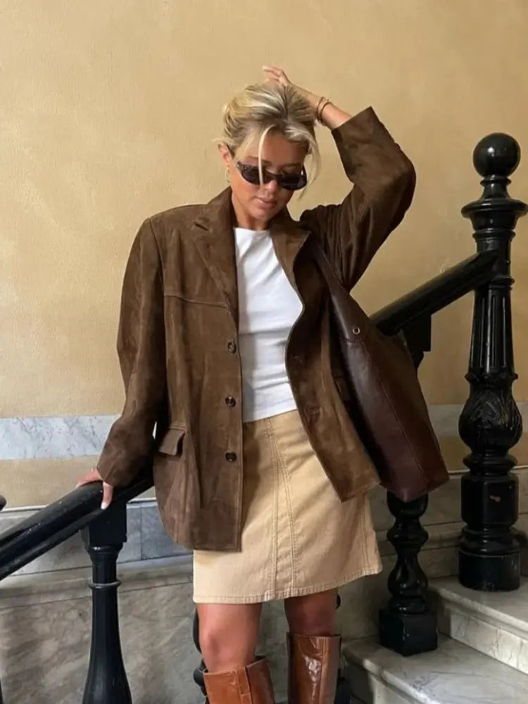 Women's Suede-Like Jacket with Hidden Front Pockets and Tailored Fit, Lightweight Lining Veldora