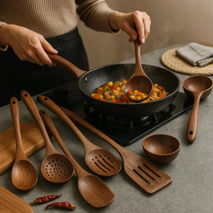 Teak Kitchen Utensil Set with Food-Safe Polish and Ergonomic Handles for Nonstick Cookware Veldora