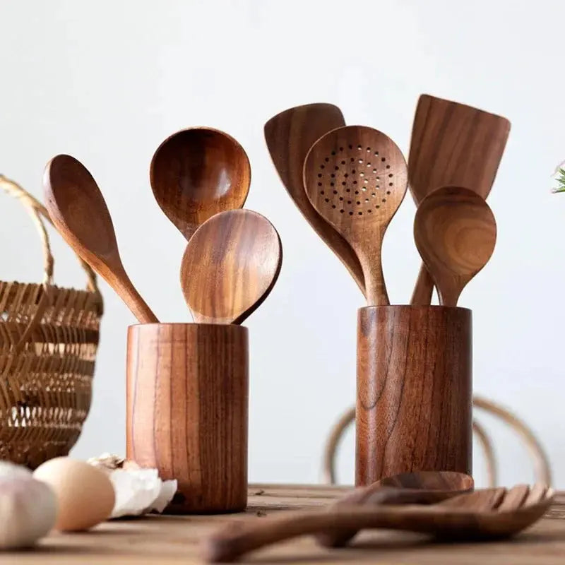 Teak Kitchen Utensil Set with Food-Safe Polish and Ergonomic Handles for Nonstick Cookware Veldora