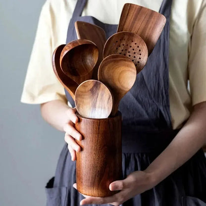 Teak Kitchen Utensil Set with Food-Safe Polish and Ergonomic Handles for Nonstick Cookware Veldora