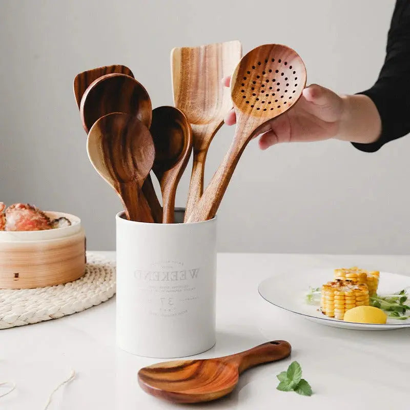 Teak Kitchen Utensil Set with Food-Safe Polish and Ergonomic Handles for Nonstick Cookware Veldora
