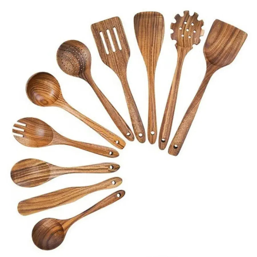 Teak Kitchen Utensil Set with Food-Safe Polish and Ergonomic Handles for Nonstick Cookware Veldora