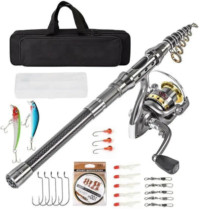 Telescopic Fishing Rod Kit with Spinning Reel and Tackle Bag, Carbon Fiber 1.8m Veldora