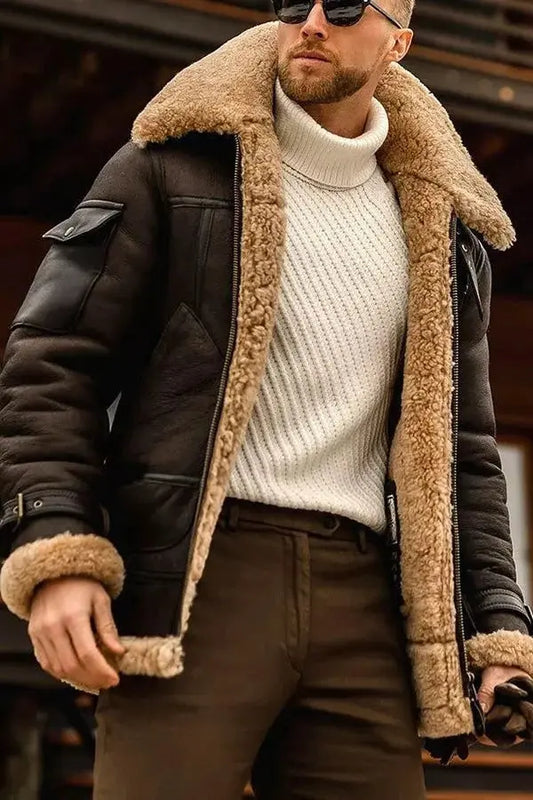 Men's Sheepskin Leather Jacket with Plush Lining and Front Zipper, Tailored Fit Veldora
