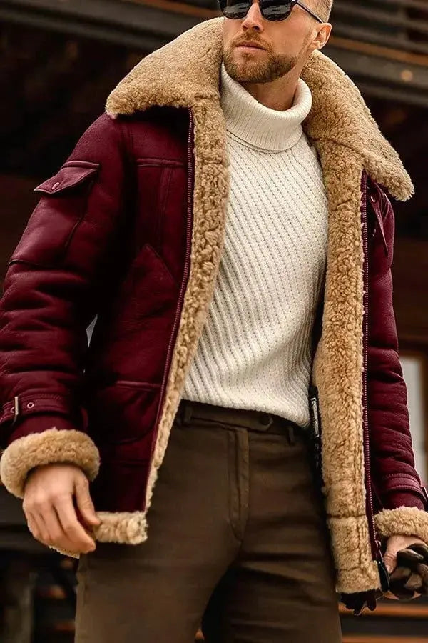 Men's Sheepskin Leather Jacket with Plush Lining and Front Zipper, Tailored Fit Veldora