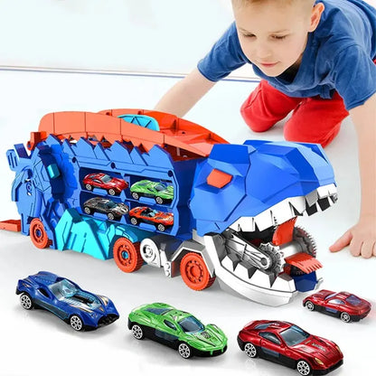 Transforming Dinosaur Truck Toy with Dual Racing Tracks and Internal Car Storage, 3 Cars Veldora