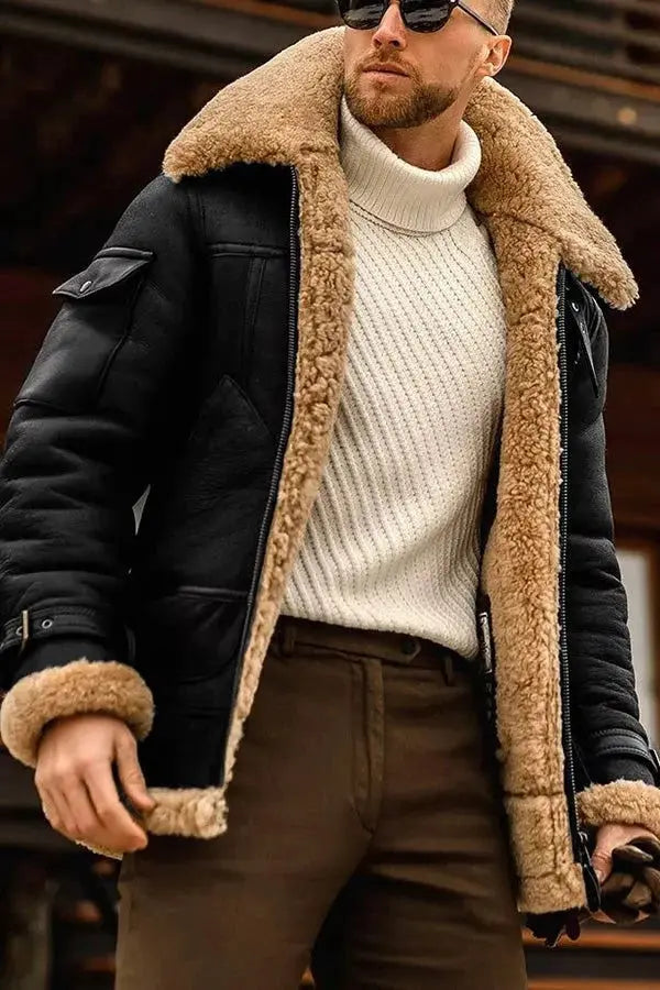 Men's Sheepskin Leather Jacket with Plush Lining and Front Zipper, Tailored Fit Veldora