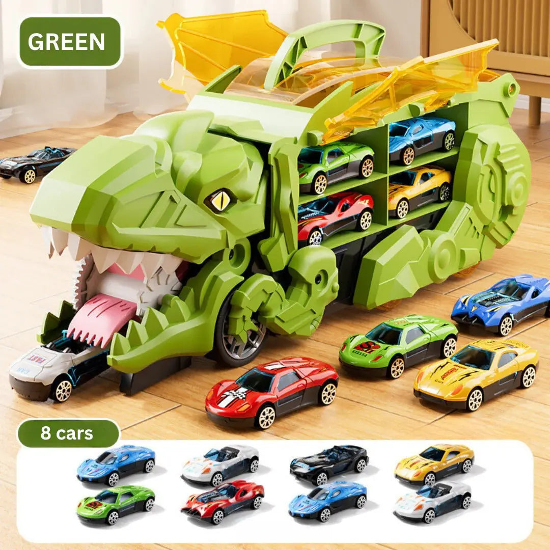 Transforming Dinosaur Truck Toy with Dual Racing Tracks and Internal Car Storage, 3 Cars Veldora