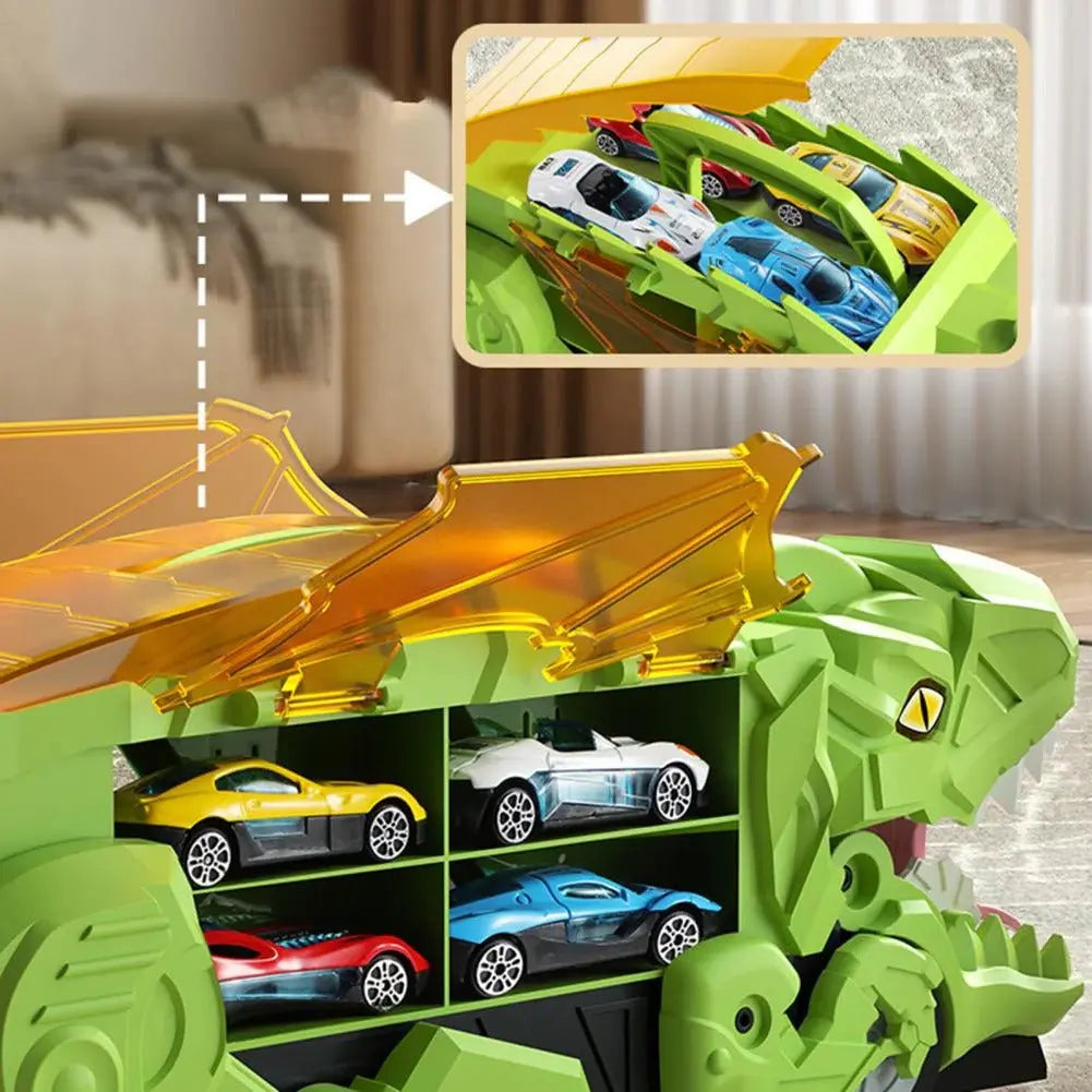 Transforming Dinosaur Truck Toy with Dual Racing Tracks and Internal Car Storage, 3 Cars Veldora