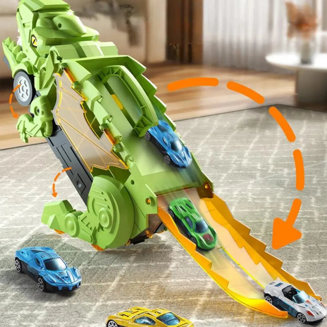 Transforming Dinosaur Truck Toy with Dual Racing Tracks and Internal Car Storage, 3 Cars Veldora