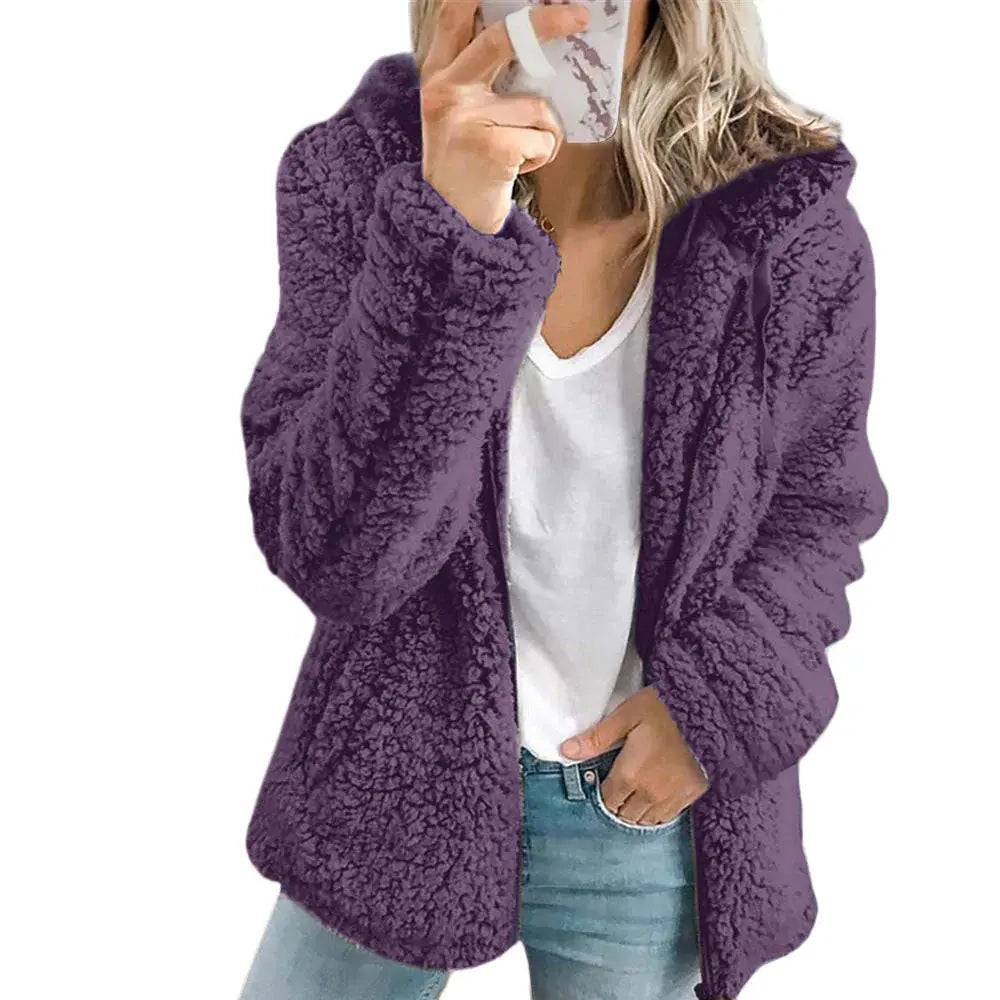 Teddy Fleece Coat with Front Pockets and Zipper, Relaxed Hip-Length Fit Veldora