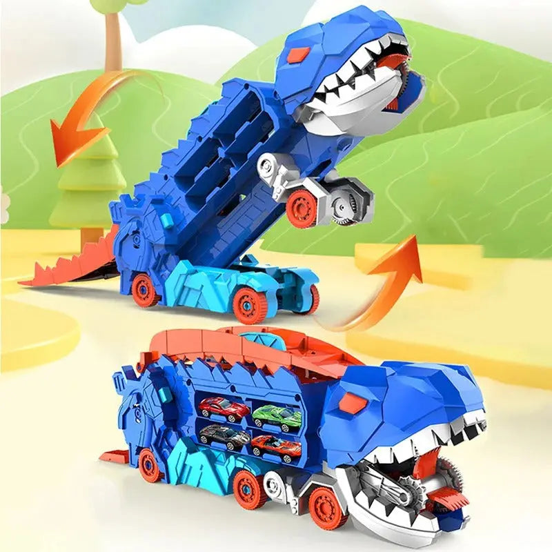 Transforming Dinosaur Truck Toy with Dual Racing Tracks and Internal Car Storage, 3 Cars Veldora