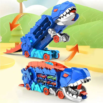 Transforming Dinosaur Truck Toy with Dual Racing Tracks and Internal Car Storage, 3 Cars Veldora