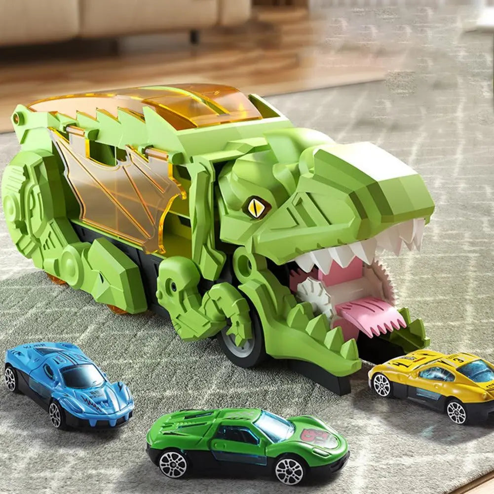 Transforming Dinosaur Truck Toy with Dual Racing Tracks and Internal Car Storage, 3 Cars Veldora