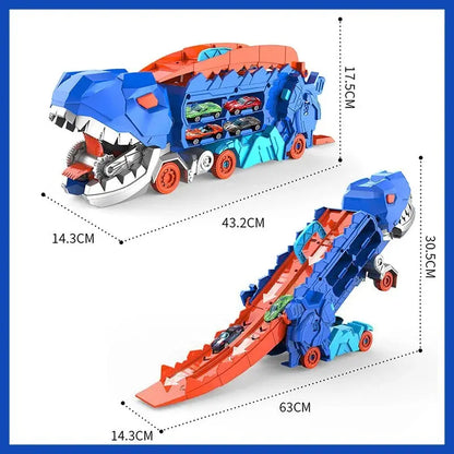 Transforming Dinosaur Truck Toy with Dual Racing Tracks and Internal Car Storage, 3 Cars Veldora