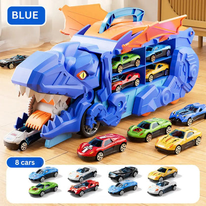 Transforming Dinosaur Truck Toy with Dual Racing Tracks and Internal Car Storage, 3 Cars Veldora