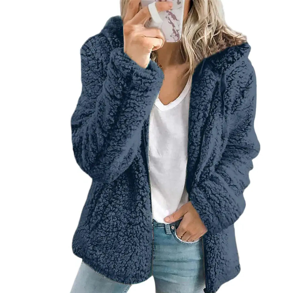 Teddy Fleece Coat with Front Pockets and Zipper, Relaxed Hip-Length Fit Veldora
