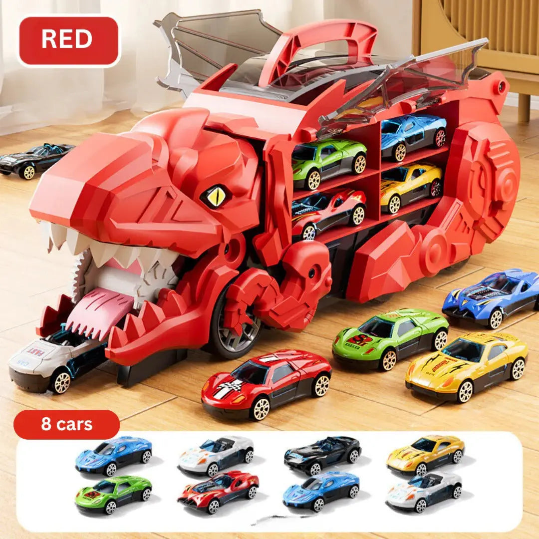 Transforming Dinosaur Truck Toy with Dual Racing Tracks and Internal Car Storage, 3 Cars Veldora