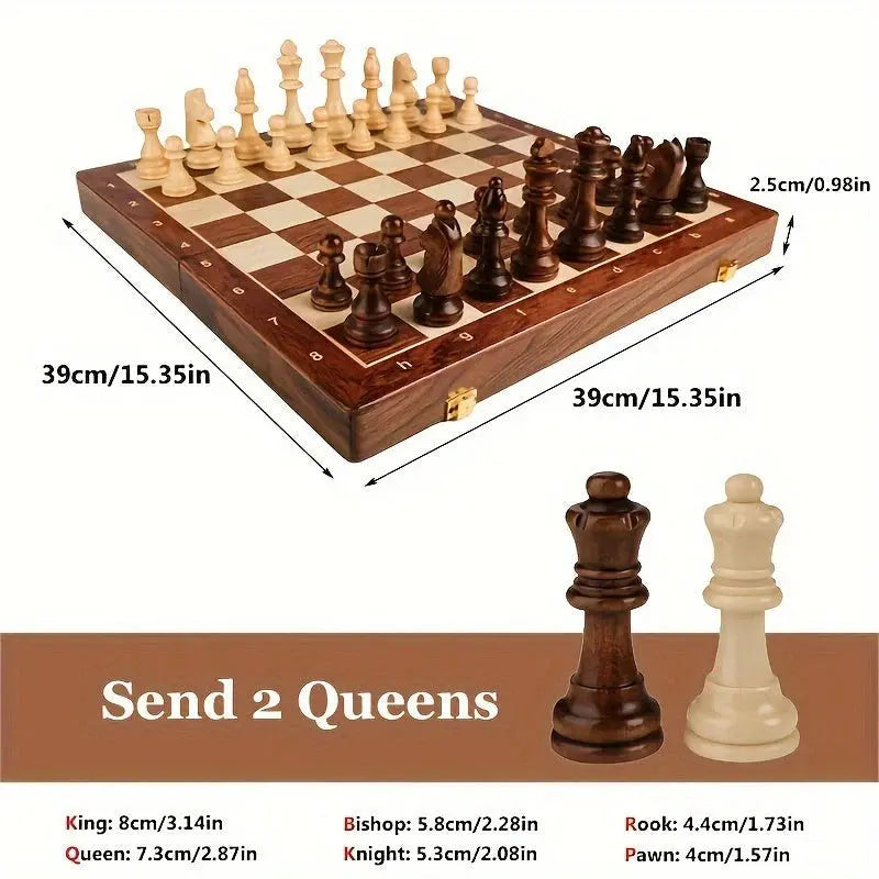 Solid Wood Chess Set with 34 Game Pieces and Fixed Board Base, 15.7 in Square Veldora