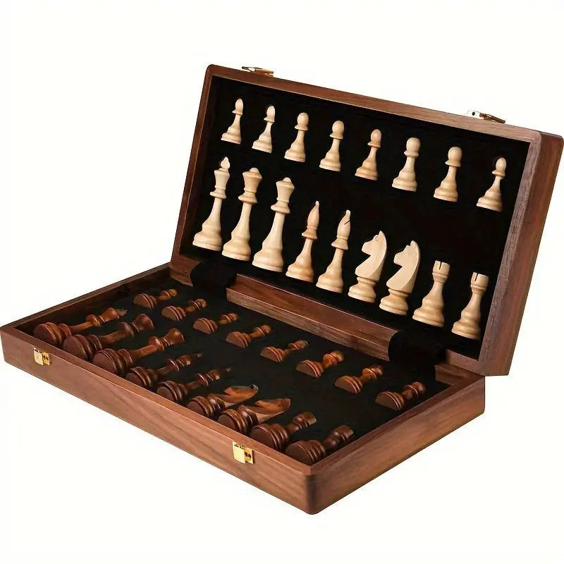 Solid Wood Chess Set with 34 Game Pieces and Fixed Board Base, 15.7 in Square Veldora