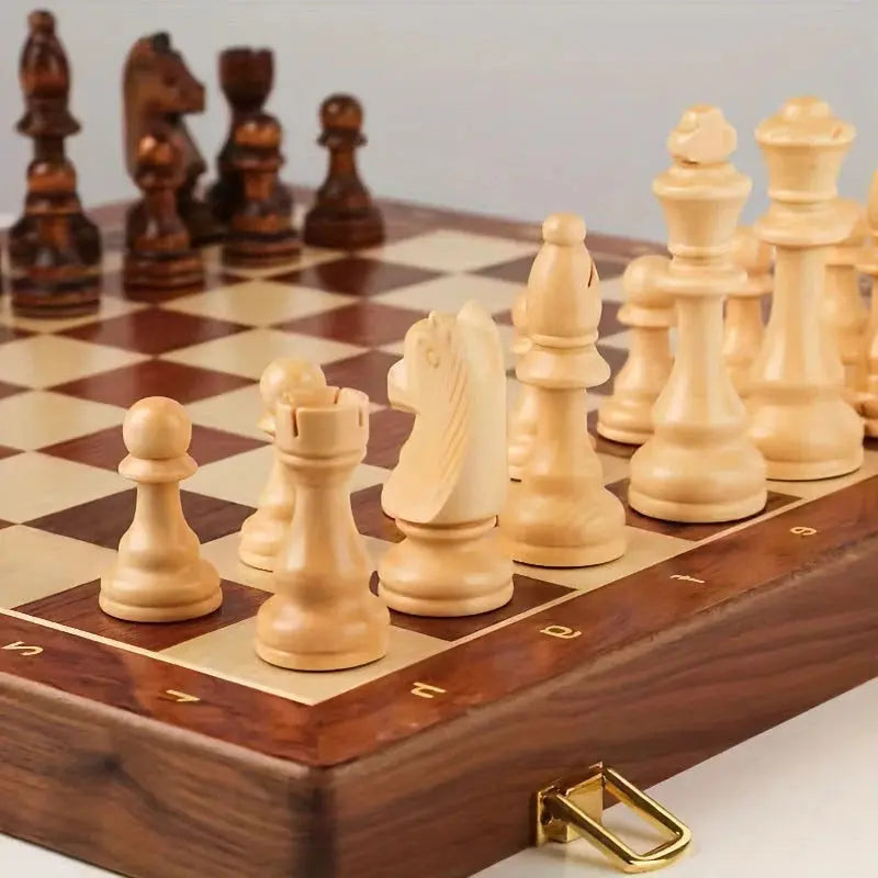 Solid Wood Chess Set with 34 Game Pieces and Fixed Board Base, 15.7 in Square Veldora