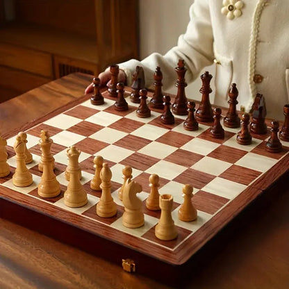 Solid Wood Chess Set with 34 Game Pieces and Fixed Board Base, 15.7 in Square Veldora