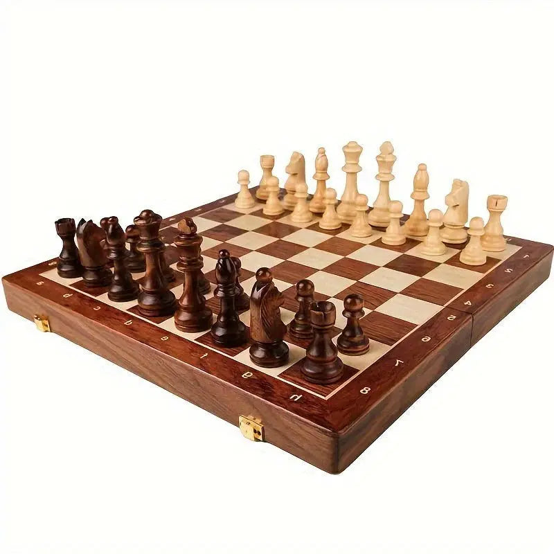 Solid Wood Chess Set with 34 Game Pieces and Fixed Board Base, 15.7 in Square Veldora