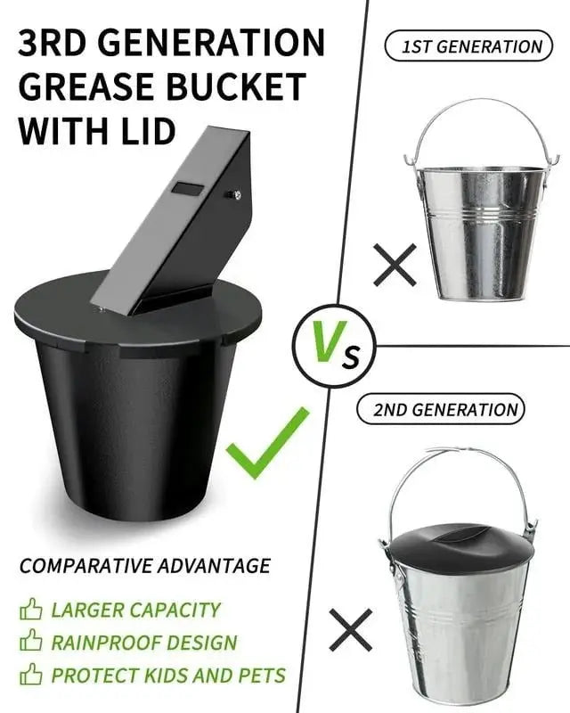 Grill Grease Collector with Fitted Lid and Reusable Liner, Toolless Mount for 1.6in Spouts Veldora