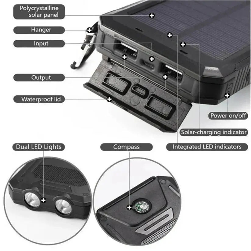 Solar Power Bank 500000mAh with Dual USB and Integrated LED Lights, Water Resistant Veldora