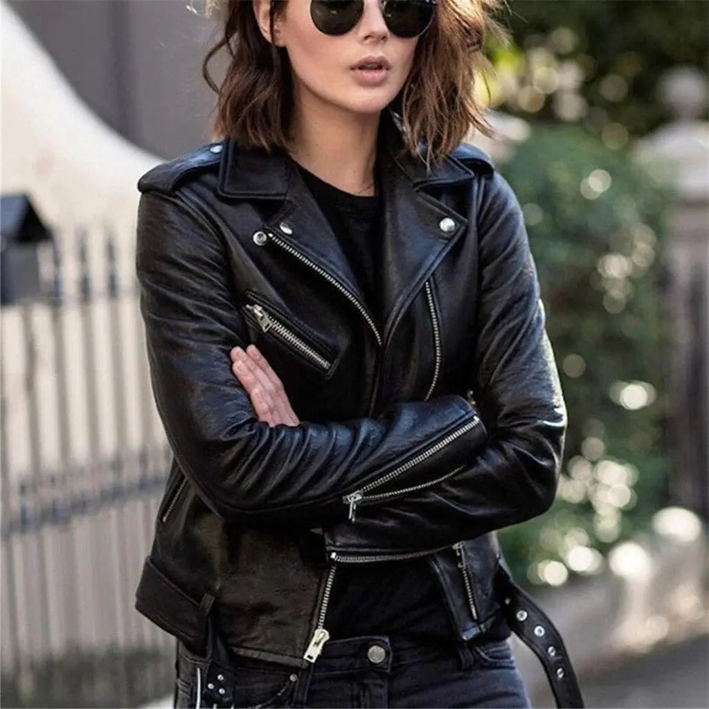 Leather Jacket with Asymmetrical Front Zipper and Multiple Zipper Pockets, Tailored Fit Veldora