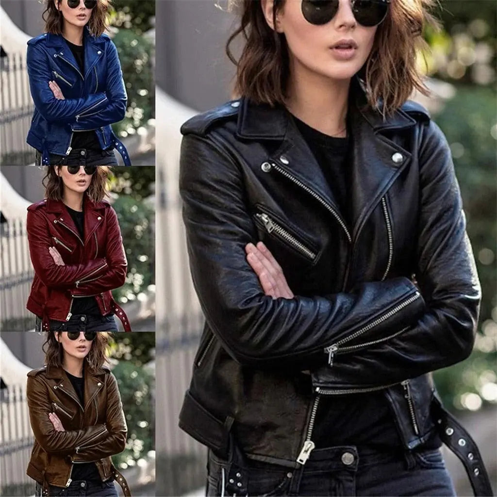 Leather Jacket with Asymmetrical Front Zipper and Multiple Zipper Pockets, Tailored Fit Veldora