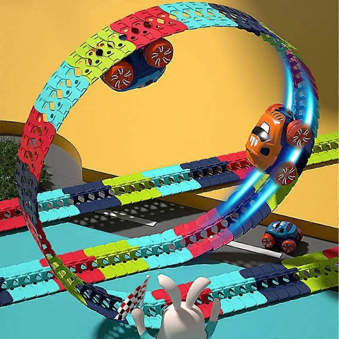 Kids Glow Race Track with Flexible Snap Segments and LED Car, USB Rechargeable Veldora