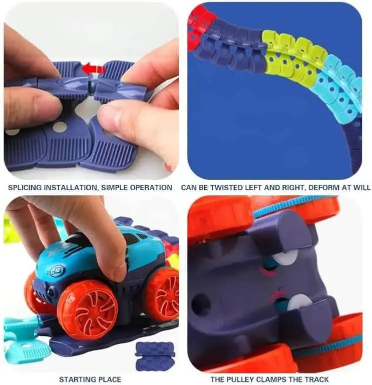 Kids Glow Race Track with Flexible Snap Segments and LED Car, USB Rechargeable Veldora