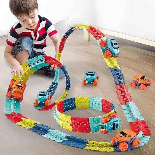 Kids Glow Race Track with Flexible Snap Segments and LED Car, USB Rechargeable Veldora