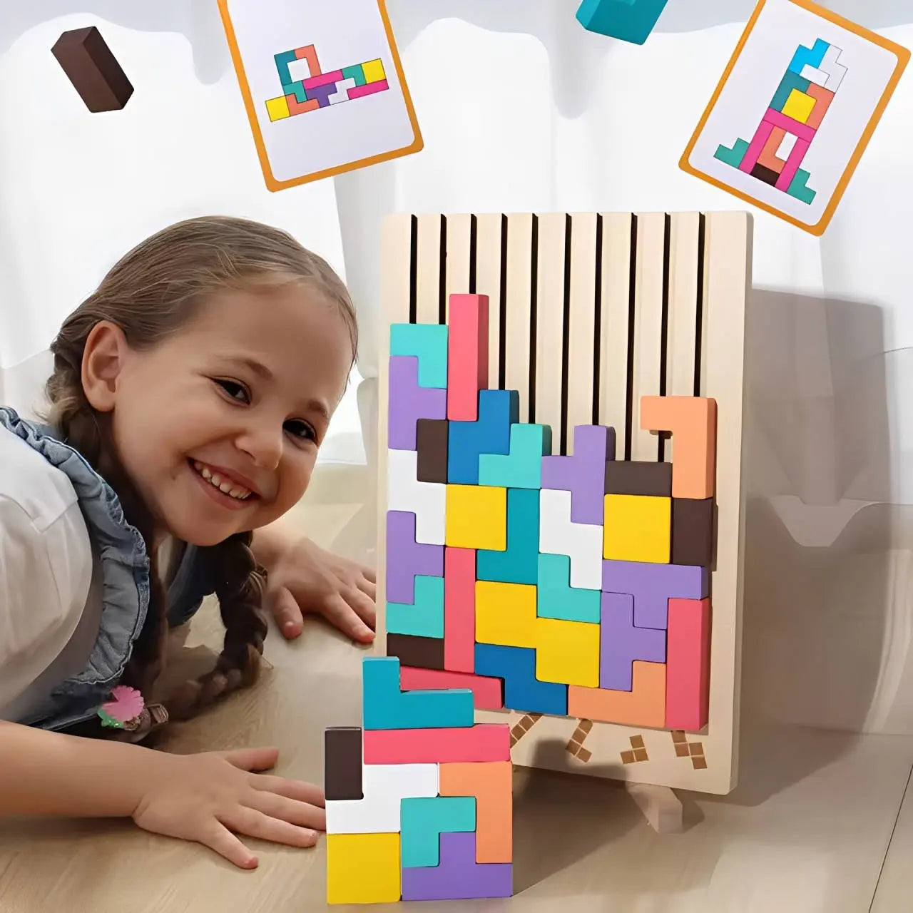 Wooden Shape Puzzle Set with 42 Blocks and 10 Double-Sided Cards, Foldout Stand Veldora