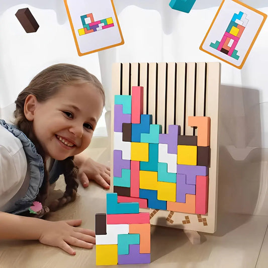 Wooden Shape Puzzle Set with 42 Blocks and 10 Double-Sided Cards, Foldout Stand Veldora