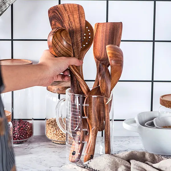 Teak Wood Utensil Set with Hand-Polished Handles and Heat-Resistant Grip, 8 Pieces Veldora