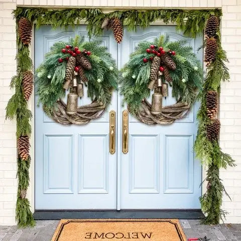 Christmas Wreath with Vine Base and Metal Bells, 17-Inch Rustic Indoor Holiday Decor Veldora