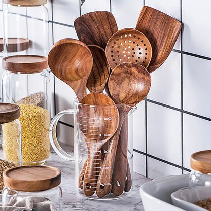 Teak Wood Utensil Set with Hand-Polished Handles and Heat-Resistant Grip, 8 Pieces Veldora