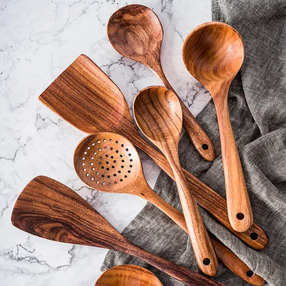 Teak Wood Utensil Set with Hand-Polished Handles and Heat-Resistant Grip, 8 Pieces Veldora