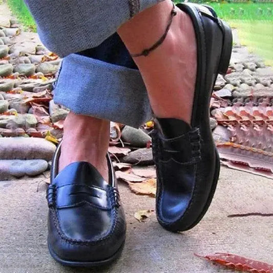 Women's Slip-on Loafers with Low Block Heel and Cushioned Insole, Faux Leather Upper Veldora