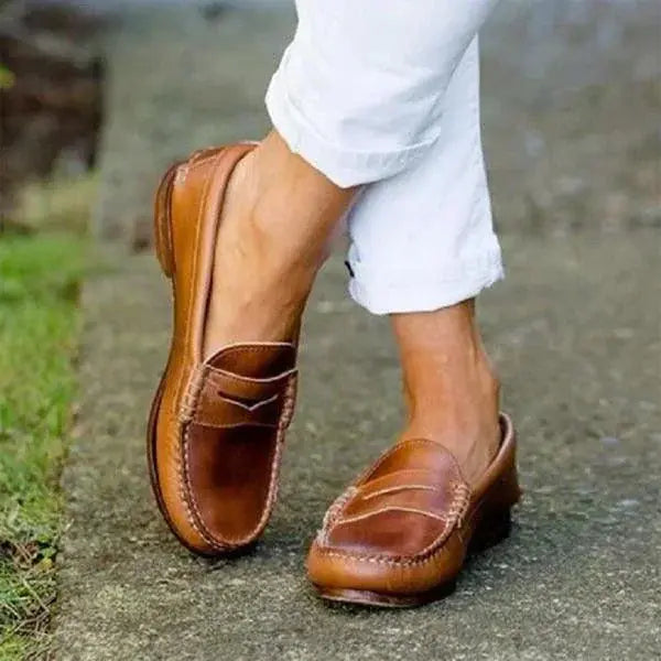 Women's Slip-on Loafers with Low Block Heel and Cushioned Insole, Faux Leather Upper Veldora